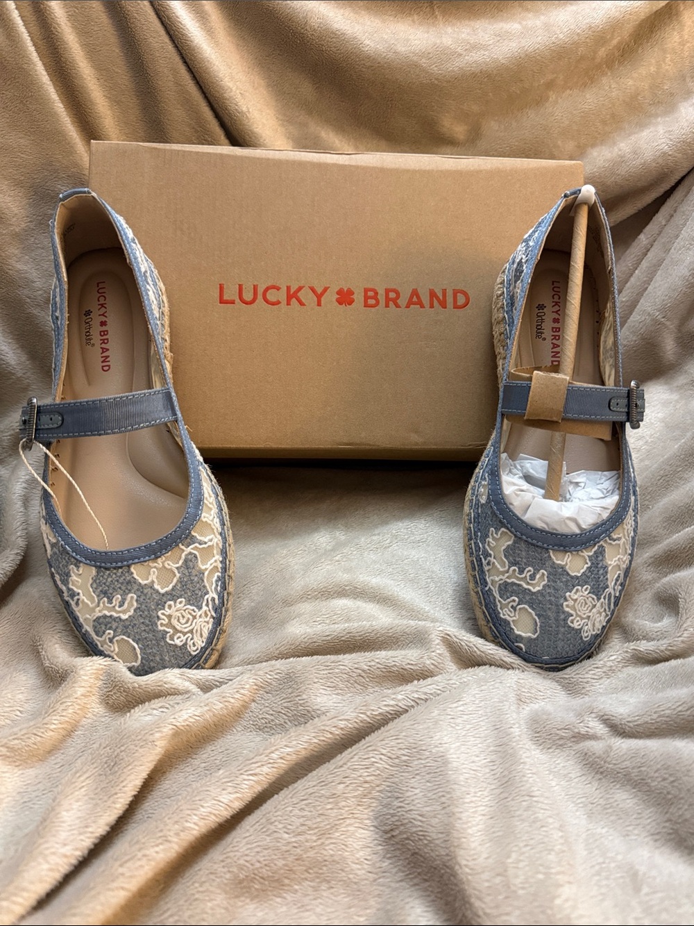 Lucky Brand Blue Denim Mary Jane Flats with Cream Lace